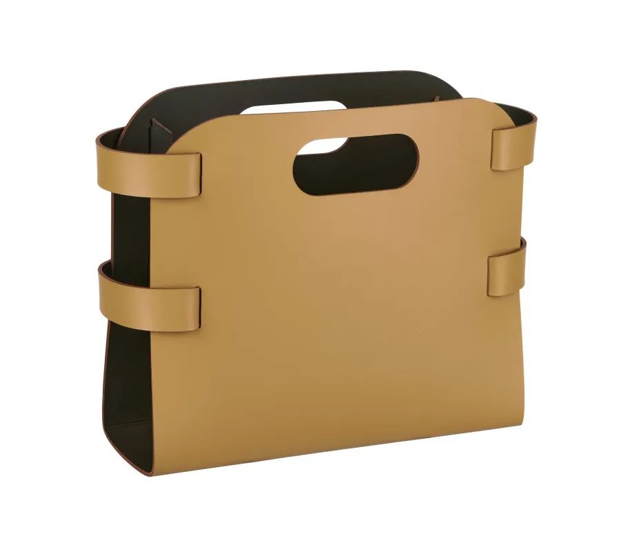 obrazek 1 Designerski kosz na czasopisma 16x36xH25 cm ze skóry w kolorze musztardowym
