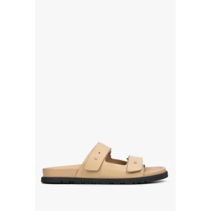 Zdjęcie Estro: Beżowe skórzane klapki damskie z regulowanymi grubymi paskami