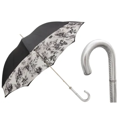 Zdjęcie Elegancki czarno-srebrny parasol damski zdobiony pięknym motywem kwiatów – Pasotti