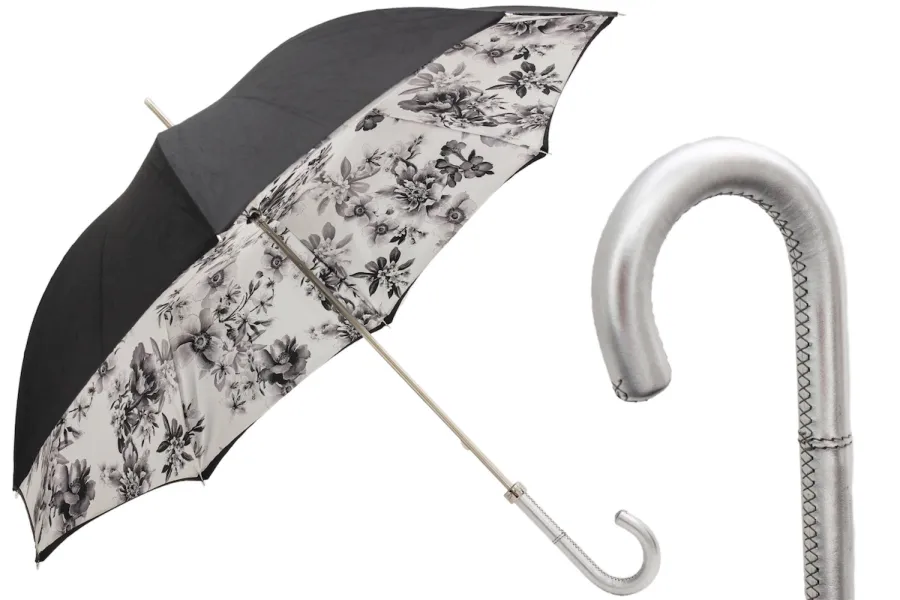 obrazek 1 Elegancki czarno-srebrny parasol damski zdobiony pięknym motywem kwiatów – Pasotti