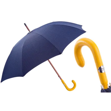 Picture Stylish navy blue men's umbrella with a yellow leather handle - Pasotti