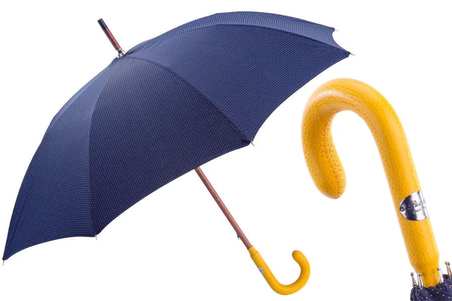 obrazek 1 Stylowy granatowy parasol męski z żółtą skórzaną rączką – Pasotti