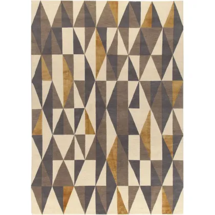 Zdjęcie Wełniany dywan z domieszką jedwabiu z geometrycznym wzorem trójkątów i trapezów