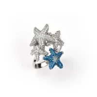 Picture Stylish Ring 18K Gold Plated Silver White Cubic Zircons Blue Enamel