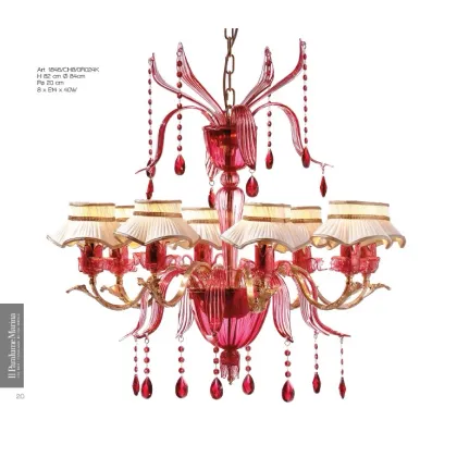 Zdjęcie Żyrandol 8-punktowy z czerwonego szkła Murano z wisiorkami Asfour i kloszami z podwójnej tkaniny - Il Paralume Marina