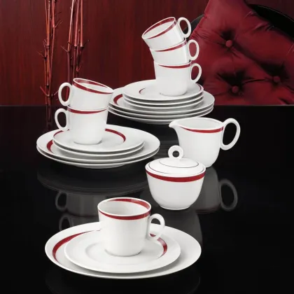 Zdjęcie Duży 20-elementowy porcelanowy serwis kawowy zdobiony czerwonym wzorem - Seltmann Weiden