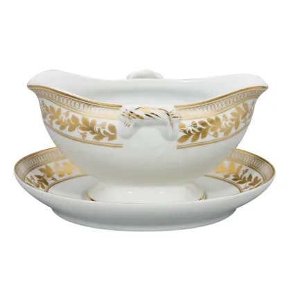 Zdjęcie Stylowa porcelanowa sosjerka z podstawką z roślinnym złotym motywem - Vista Alegre