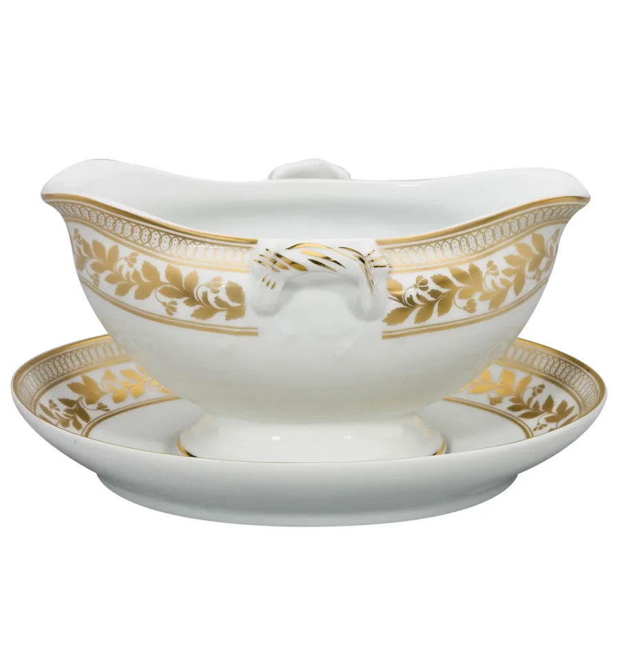 obrazek 1 Stylowa porcelanowa sosjerka z podstawką z roślinnym złotym motywem - Vista Alegre