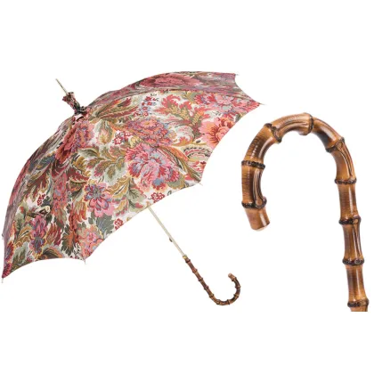 Zdjęcie Piękny parasol damski zdobiony oryginalnym motywem kwiatowym z bambusową rączką – Pasotti