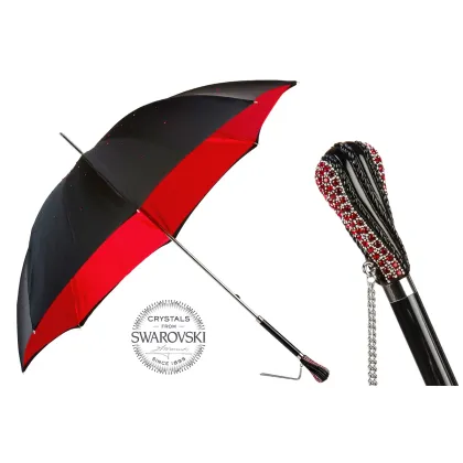 Zdjęcie Wyjątkowy czarno czerwony parasol damski z piękną zdobioną rączką – Pasotti
