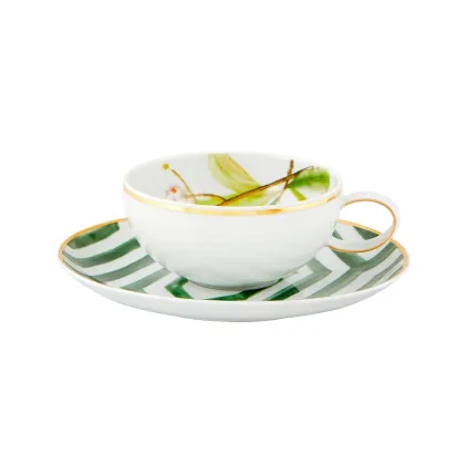 Picture Amazōnia porcelain tea cup and saucer with a geometric green pattern and plant motif - 4 pieces - Vista Alegre