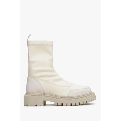 Zdjęcie Estro: Jasnobeżowe wsuwane botki damskie z elastyczną cholewką ze skóry naturalnej