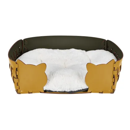 Zdjęcie Przytulne skórzane legowisko dla kota 45x30xH15 cm w kolorze musztardowym