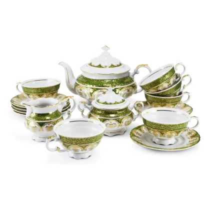 Zdjęcie Bogato zdobiony 15-elementowy zestaw do herbaty z porcelany w kolorze złotym i zielonym z kolekcji Castle Sonata – Leander