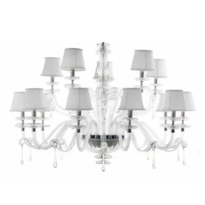 Zdjęcie Stylowy żyrandol 15-punktowy z przezroczystego szkła Murano z jasnymi kloszami w kolorze kości słoniowej - Il Paralume Marina