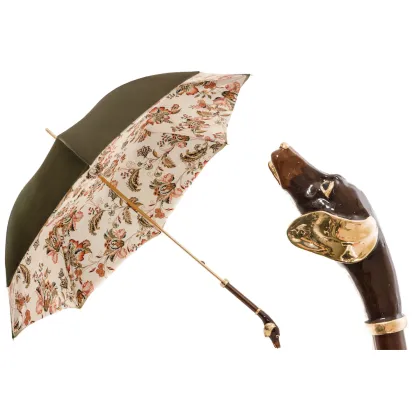 Zdjęcie Piękny parasol damski w kolorze khaki zdobiony kwiatowym motywem z rączką z głową jamnika - Pasotti