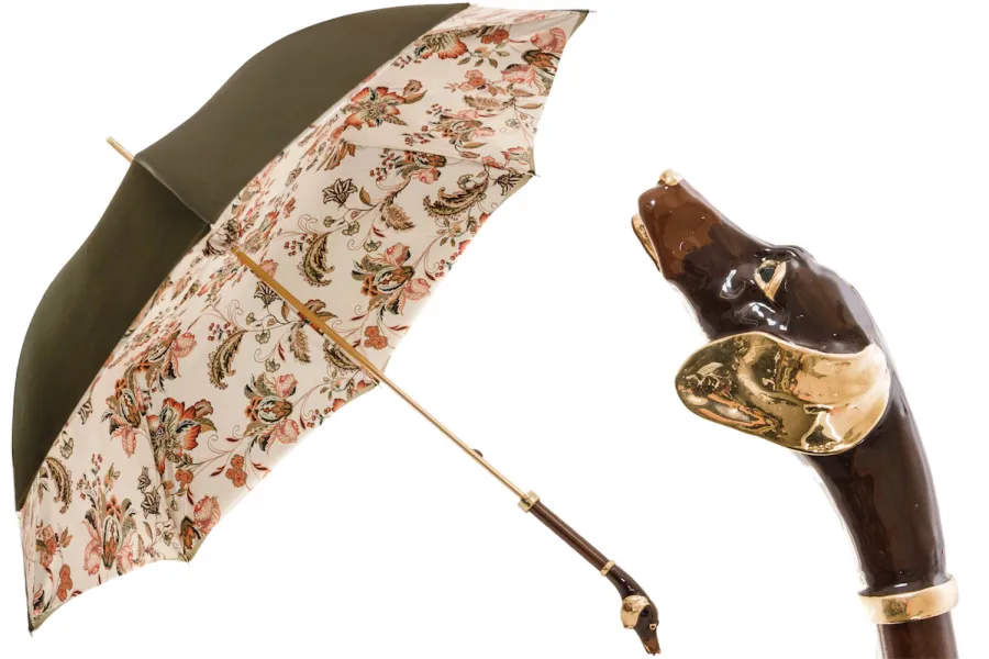 obrazek 1 Piękny parasol damski w kolorze khaki zdobiony kwiatowym motywem z rączką z głową jamnika - Pasotti