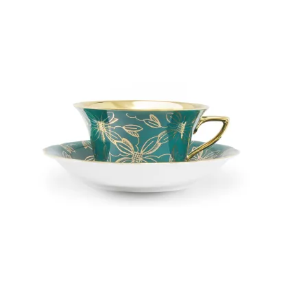 Zdjęcie Porcelanowa filiżanka do herbaty Windsor ze spodkiem w kolorze ciemnozielonym zdobiona złotym motywem kwiatowym – Leander
