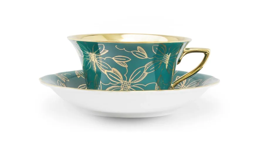 obrazek 1 Porcelanowa filiżanka do herbaty Windsor ze spodkiem w kolorze ciemnozielonym zdobiona złotym motywem kwiatowym – Leander