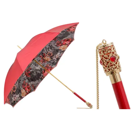 Zdjęcie Wyjątkowy czerwony parasol damski z kwiatowym motywem – Pasotti