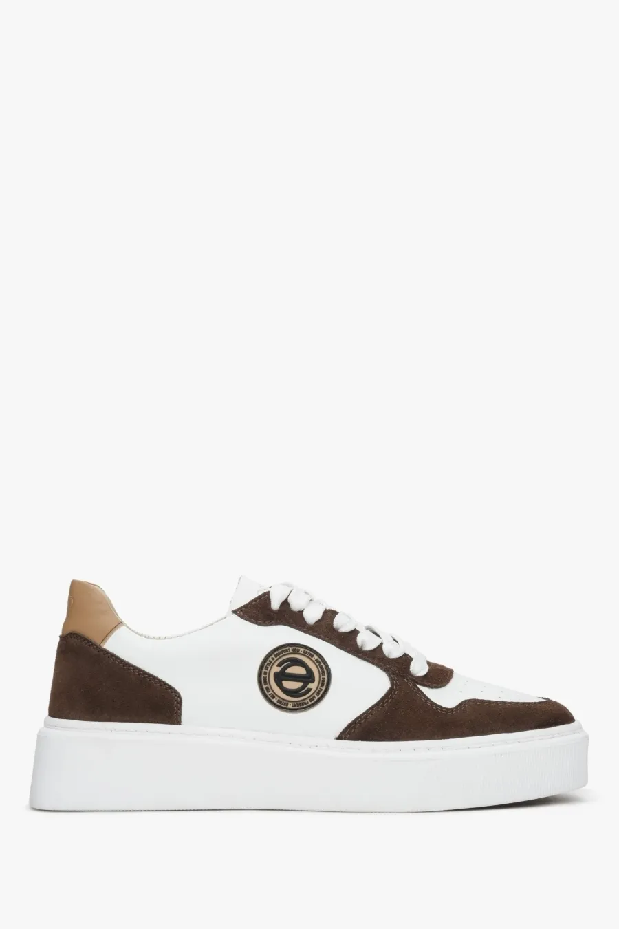 obrazek 1 Estro: Brązowo-białe sneakersy damskie ze skóry i weluru naturalnego