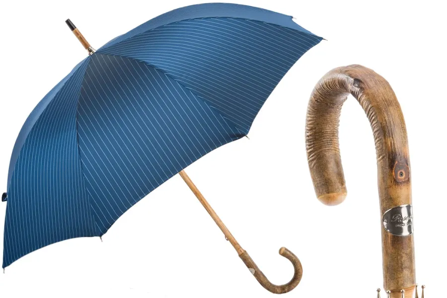 obrazek 1 Klasyczny niebieski parasol męski w pionowe paski z rączką z jesionu – Pasotti