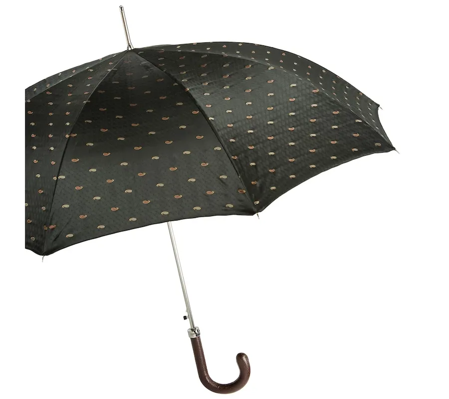 obrazek 8 Klasyczny parasol męski w drobny, geometryczny wzór ze skórzaną brązową rączką – Pasotti