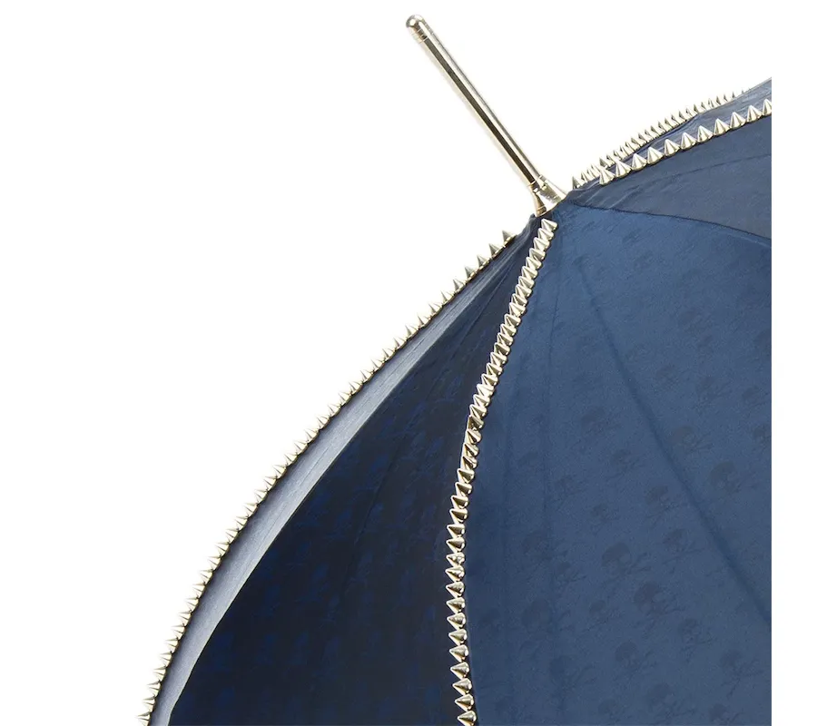 obrazek 8 Piękny stylowy granatowy parasol męski zdobiony ćwiekami z rączką w kształcie czaszki – Pasotti
