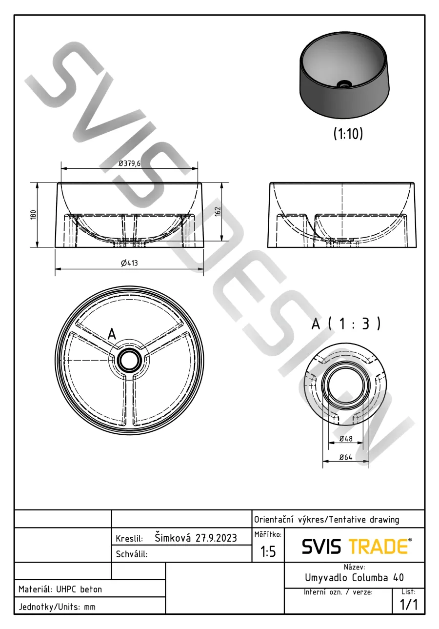 obrazek 4 Nowoczesna umywalka 40 cm COLUMBA BASIC, bez przelewu – naturalny, bez dekoru, bez lakieru