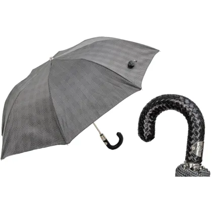 Picture Classic gray men's umbrella with a fine check pattern and a braided leather handle - Pasotti