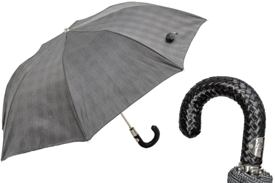 obrazek 1 Klasyczny szary parasol męski w drobną kratkę z plecioną skórzaną rączką – Pasotti