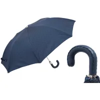 Picture Classic navy blue men's umbrella with a leather handle - Pasotti