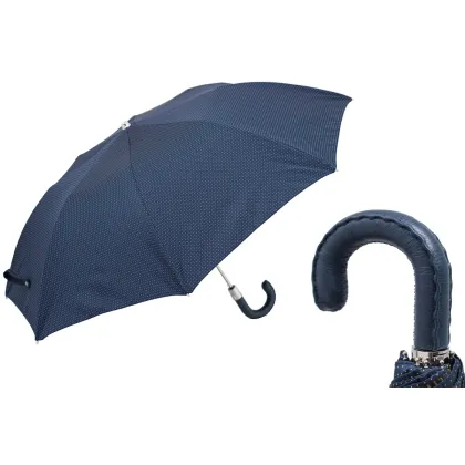 Picture Classic navy blue men's umbrella with a leather handle - Pasotti