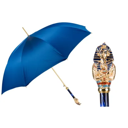 Picture Original blue men's umbrella with a handle in the shape of a pharaoh's head - Pasotti