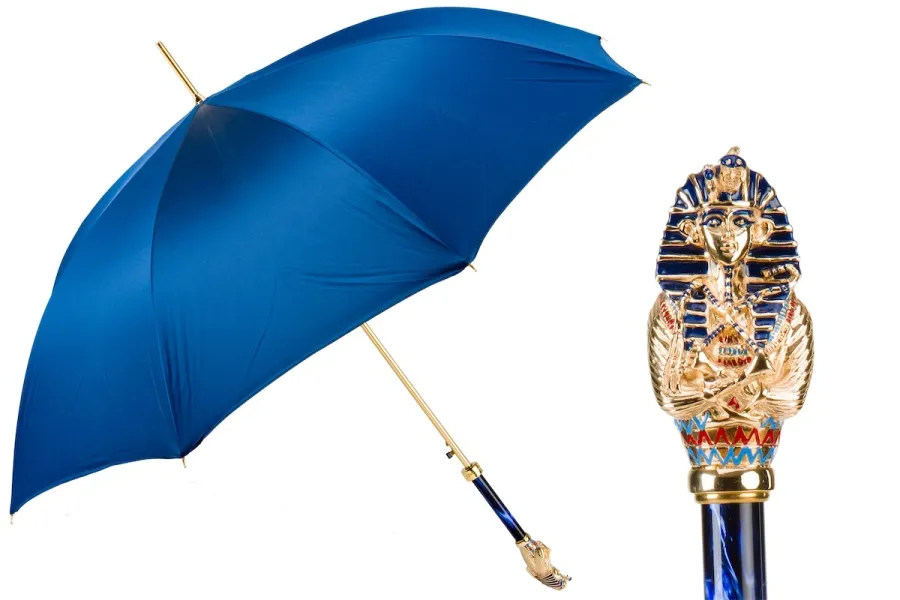 obrazek 1 Oryginalny parasol męski w kolorze niebieskim z rączką w kształcie głowy faraona - Pasotti