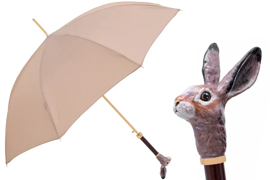 obrazek 1 Stylowy parasol damski w kolorze beżowym z rączką w kształcie głowy królika - Pasotti
