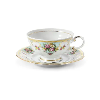 Zdjęcie Stylowa filiżanka do herbaty ze spodkiem z porcelany zdobiona motywem kwiatów - Leander