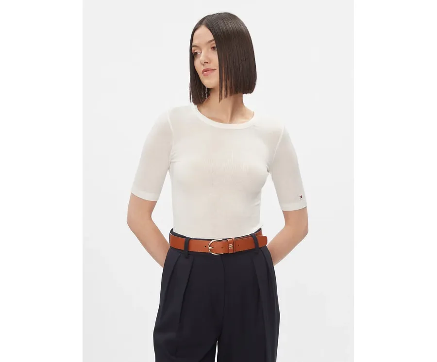 obrazek 1 Tommy Hilfiger T-Shirt Slim Soft Tencel C-Nk 1/2Slv WW0WW39789 Écru Slim Fit