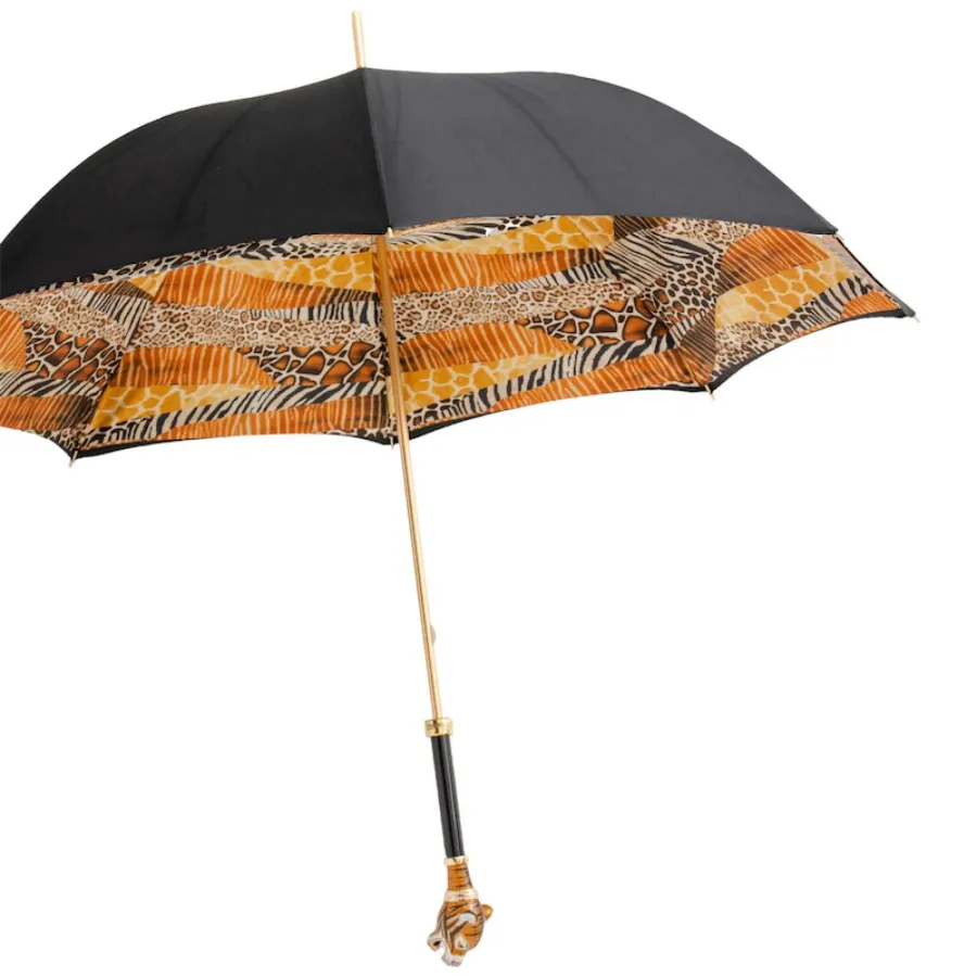 obrazek 9 Stylowy czarny parasol damski zdobiony wzorem skóry tygrysa z rączką – głową tygrysa syberyjskiego – Pasotti