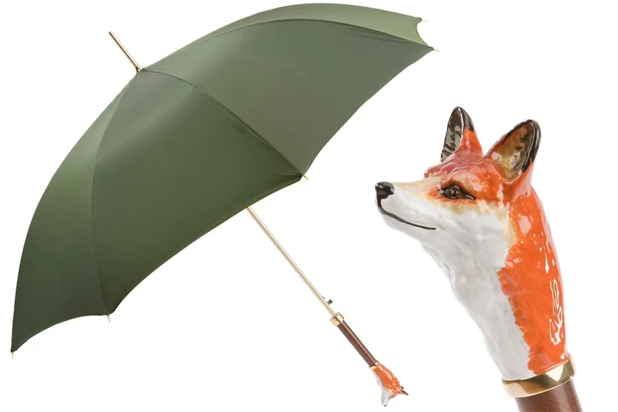 obrazek 1 Stylowy oliwkowy parasol męski z oryginalną rączką w kształcie głowy lisa – Pasotti