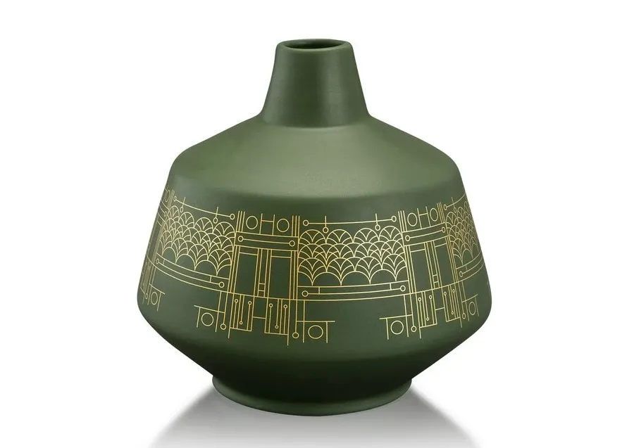 obrazek 1 Ceramiczny zielony nowoczesny wazon ze złotym wzorem - Ahura