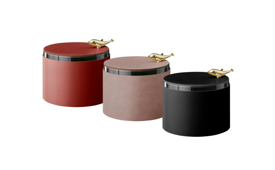 obrazek 2 Eleganckie skórzane pudełko Ø15xH10 cm w kolorze pudrowego różu ozdobione delfinem