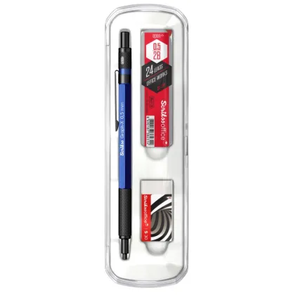 Zdjęcie Piękny niebieski ołówek mechaniczny z wkładami oraz gumką do ścierania