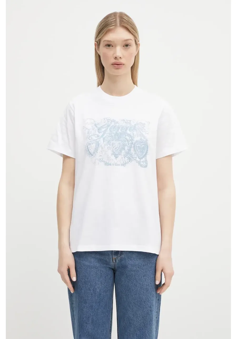 obrazek 1 GANNI t-shirt bawełniany Basic Jersey Tattoo Lace Relaxed damski kolor biały T4158