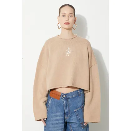 Zdjęcie JW Anderson sweter wełniany Cropped Anchor Jumper damski kolor beżowy KW1121.YN0264.132