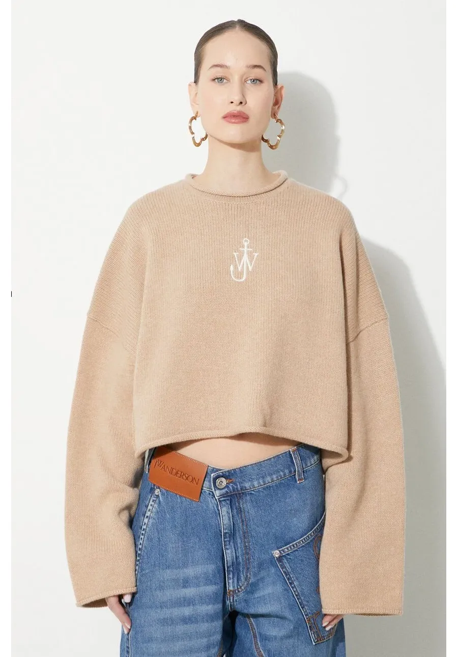 obrazek 1 JW Anderson sweter wełniany Cropped Anchor Jumper damski kolor beżowy  KW1121.YN0264.132