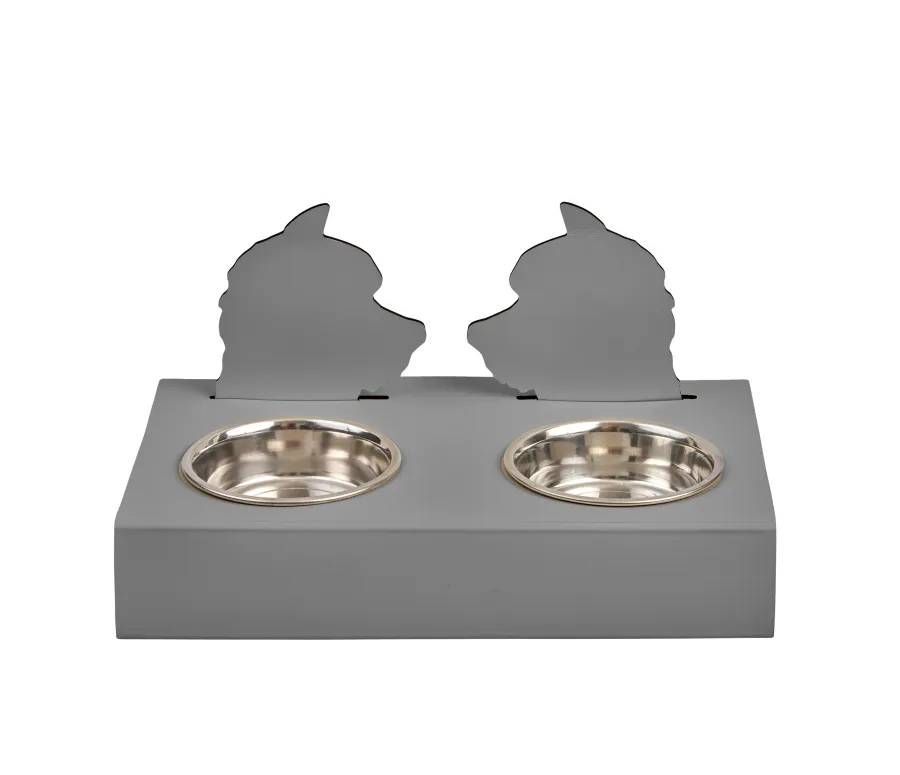 obrazek 1 Szary skórzany uchwyt na miski dla psa 40x22xH7,5 cm