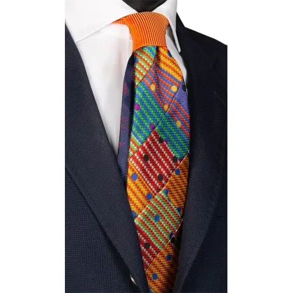 Zdjęcie Wielokolorowy, patchworkowy krawat w kolorowe groszki