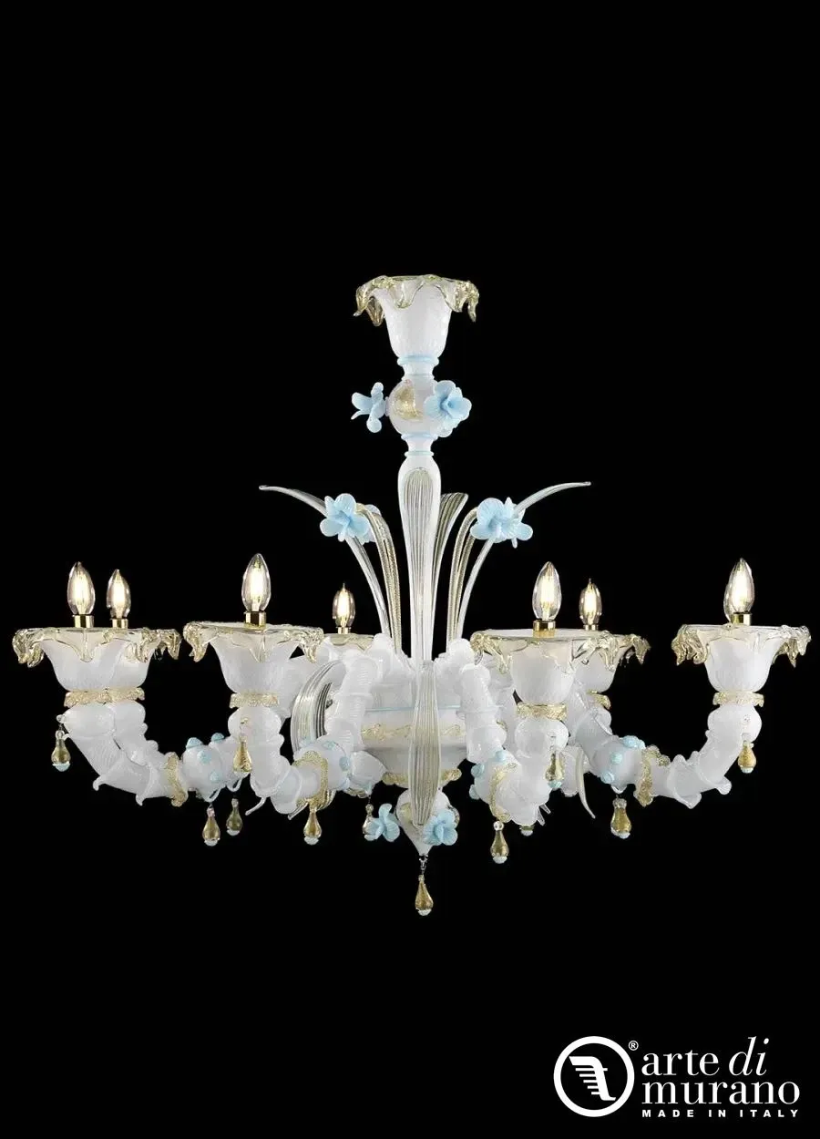 obrazek 1 Gustowny biały żyrandol wykonany ze szkła Murano i 24-karatowego złota na 6 żarówek