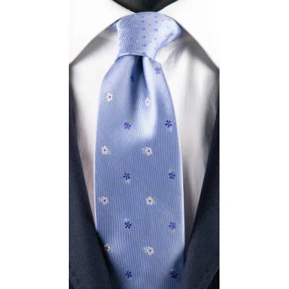 Zdjęcie Przepiękny, błękitny krawat w drobne białe i niebieski kwiatki z kontrastowym węzłem